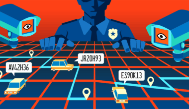 sinister cop and cameras loom over street grid with cars identified by license plate numbers