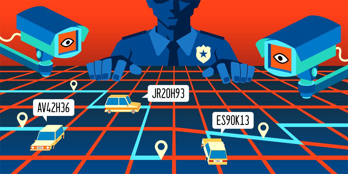sinister cop and cameras loom over street grid with cars identified by license plate numbers