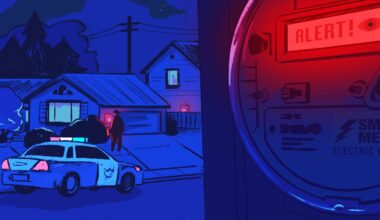 A smart meter alert glows red while cops approach a suburban home