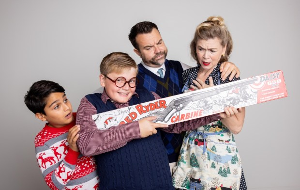 The cast of San Diego Musical Theatre's "A Christmas Story" musical, from left, Shayan Naderi as Randy, Andrew Gorman as Ralphie, Adam Cooley as the Old Man and Meghan O'Brien Lowery as Mother." (Julie Licari)