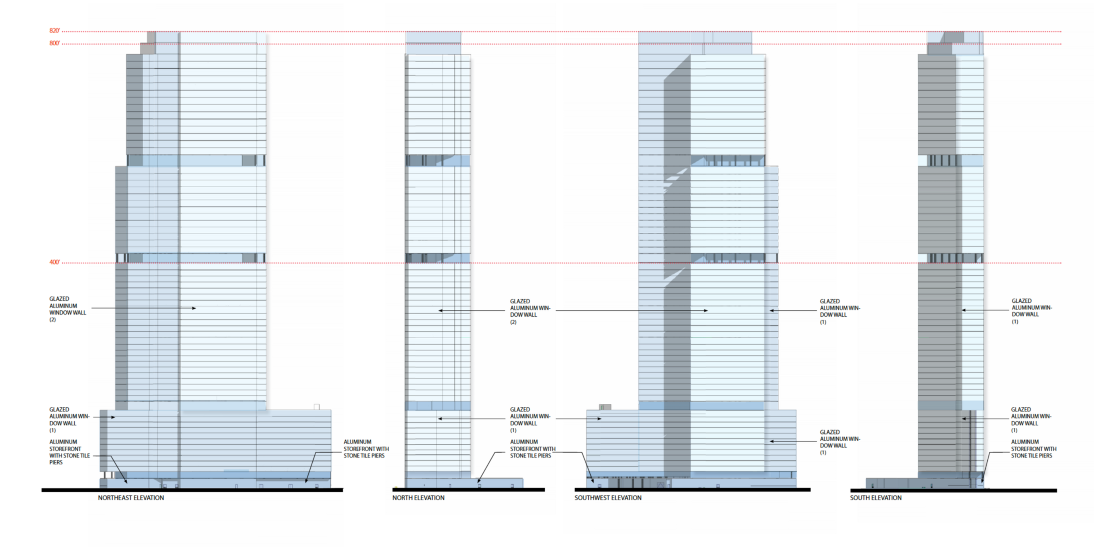 Four architectural elevations of a tall modern building show glass and aluminum curtain walls with stone tile piers on the lower sections.