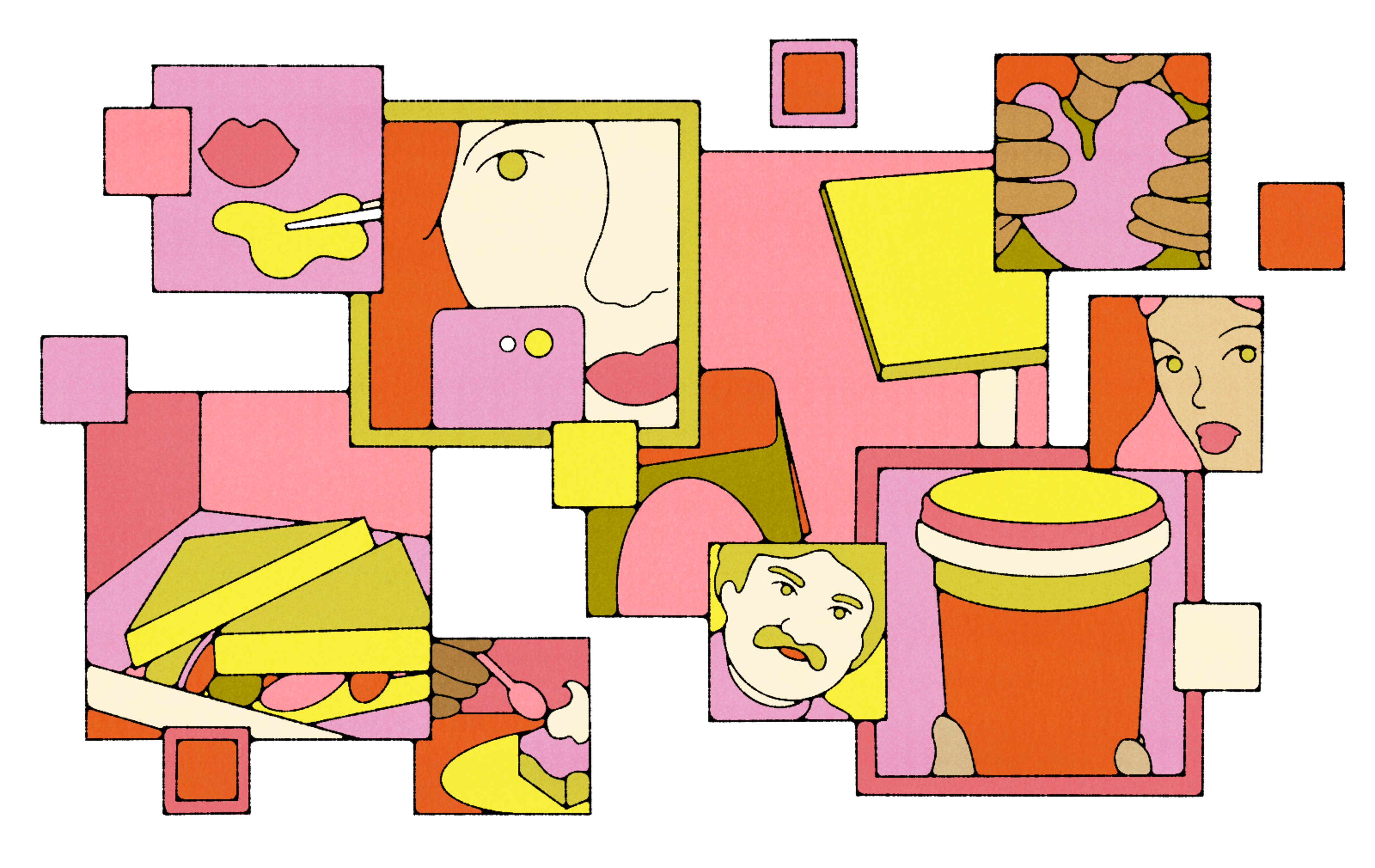 Colorful abstract squares and rectangles depict close-ups of faces, a sandwich, a coffee cup, hands, and a dessert against a black background.
