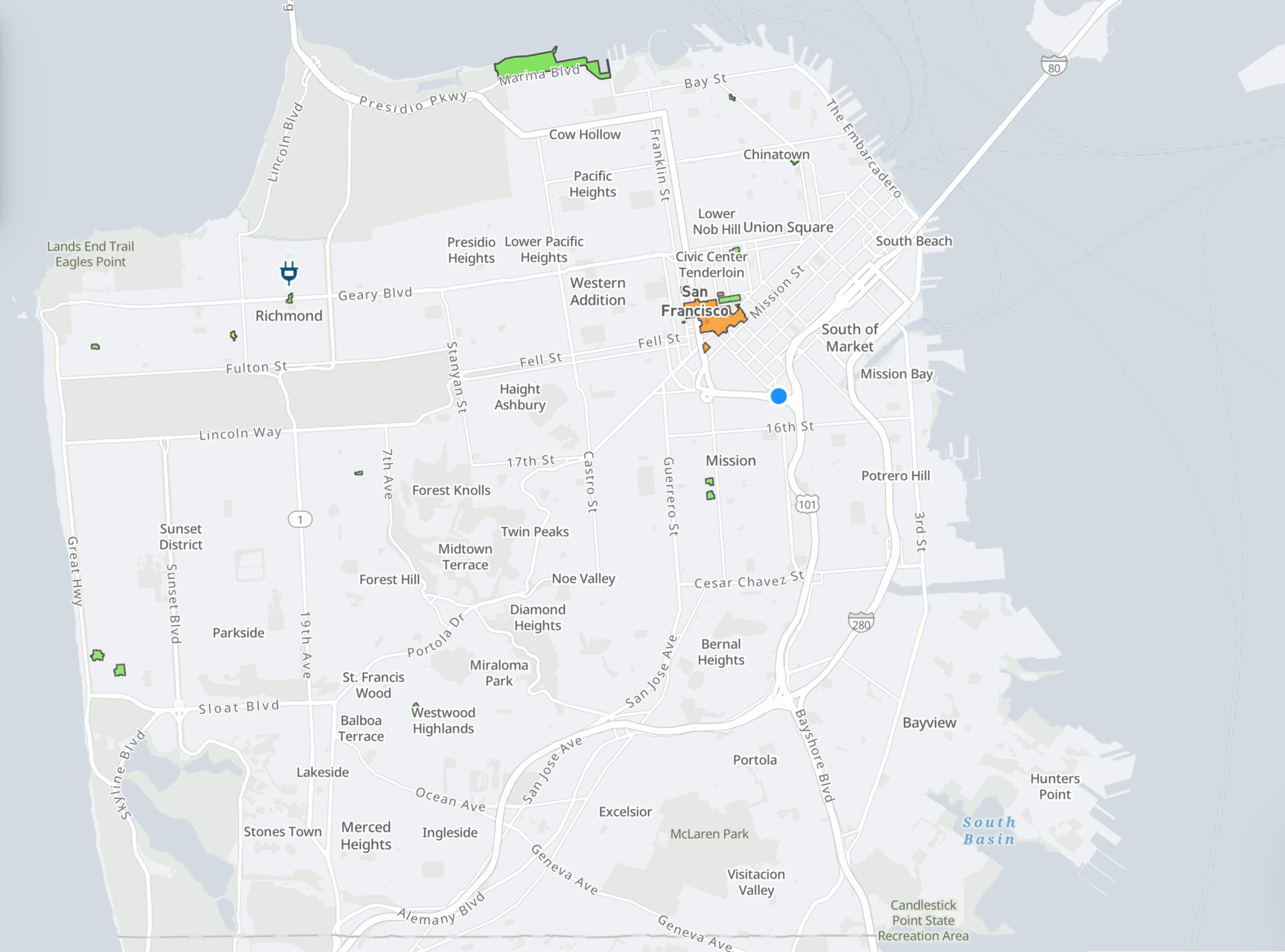 San Francisco map showing neighborhoods, major roads, parks, and landmarks around the city and bay area, with a blue location dot near Mission district.