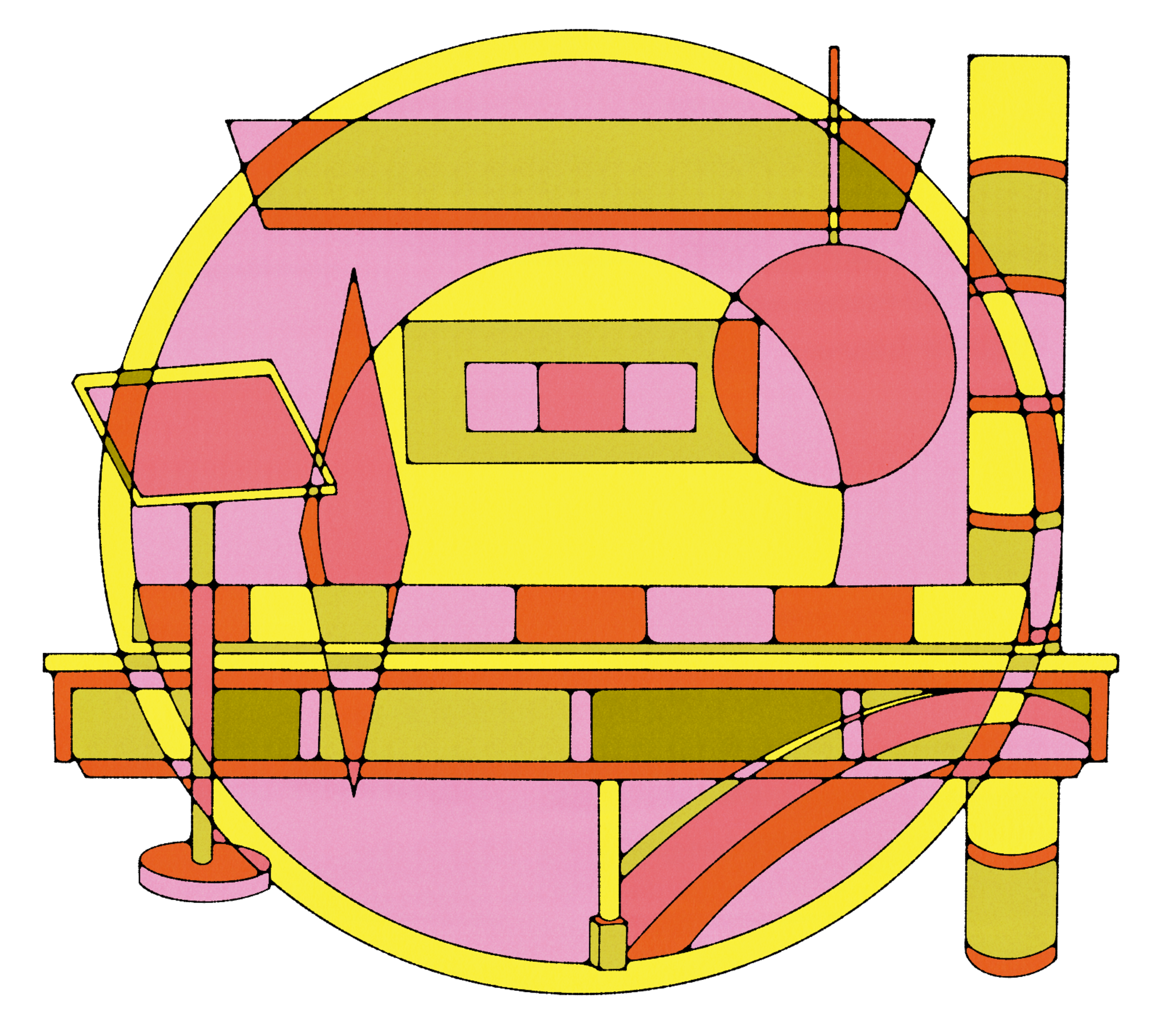 Overlapping geometric shapes in yellow, pink, and orange form a complex abstract composition resembling a window, table, and various objects within a circle.