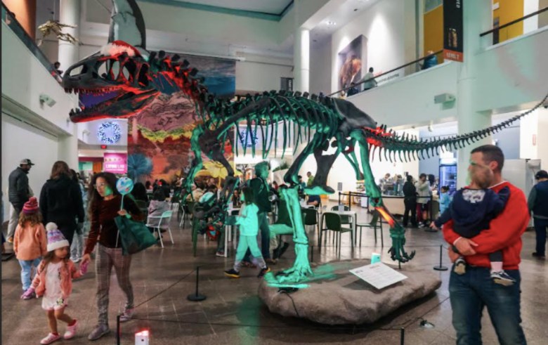 The assembled bones of an extinct dinosaur seem green in a museum decorated for the holidays. A man holds a baby as others walk by.