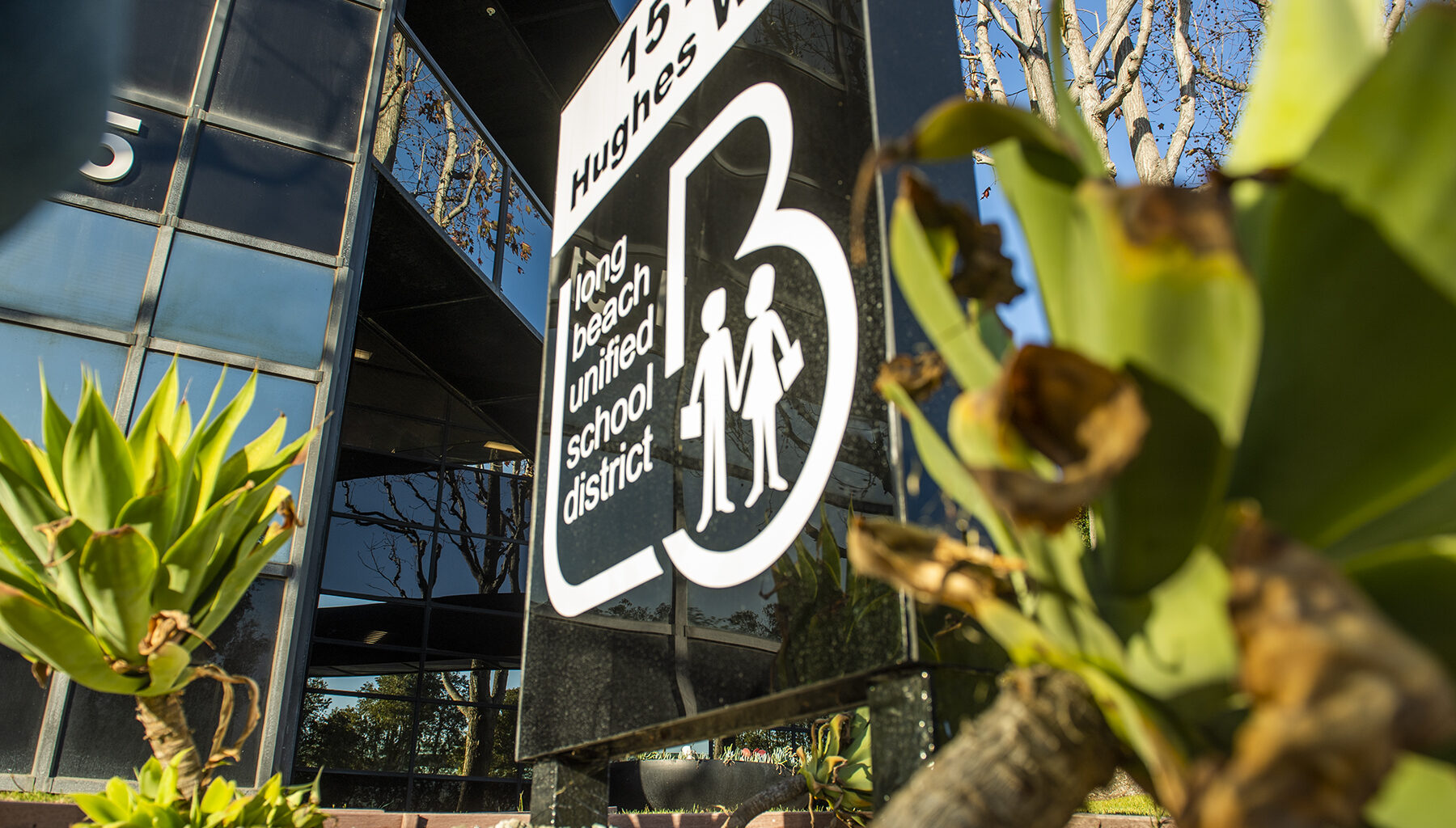 A sign displays the Long Beach Unified School District, where the main office is located in Long Beach.