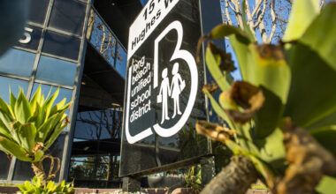 A sign displays the Long Beach Unified School District, where the main office is located in Long Beach.