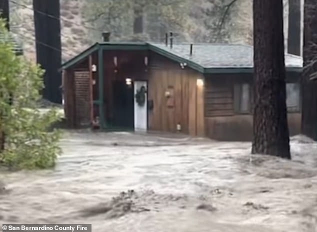 The ski resort town of Wrightwood in San Bernardino County was left flooded