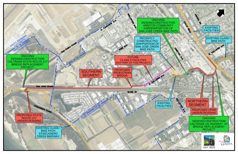 The map shows the City of Goleta's construction plans to build out the new path that will provide more accessibility within the city without a vehicle.