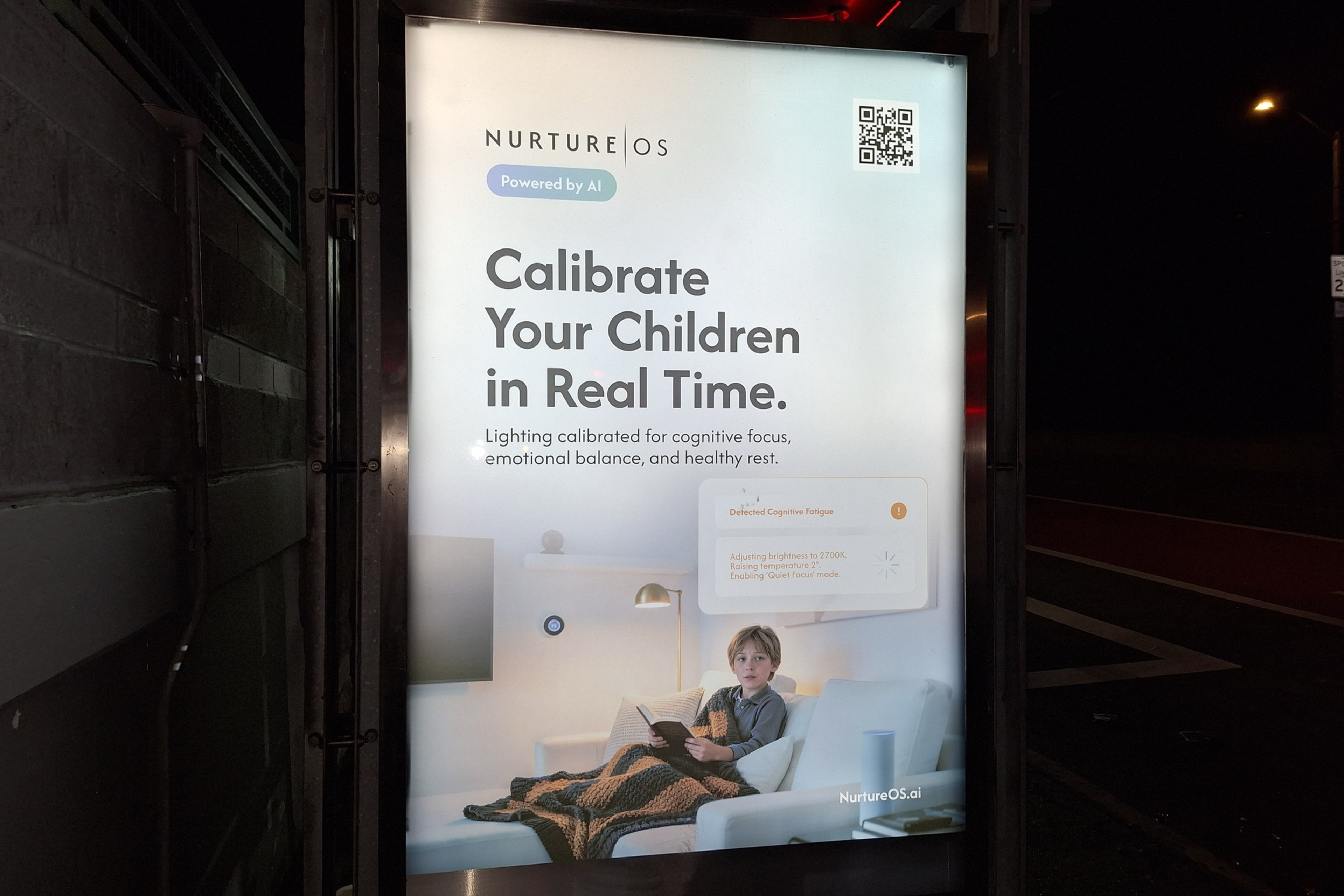 NurtureOS advertises AI-powered lighting that calibrates children’s cognitive focus, emotional balance, and rest in real time, featuring a child reading on a couch.
