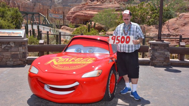 Radiator Springs Racers record-holder Jon Hale marks his 9,500th ride with Lightning McQueen in Cars Land at Disney California Adventure. (Courtesy of Jon Hale)