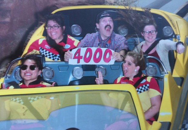 Radiator Springs Racers record-holder Jon Hale marks his 4,000th ride on the Cars Land attraction at Disney California Adventure. (Courtesy of Jon Hale)