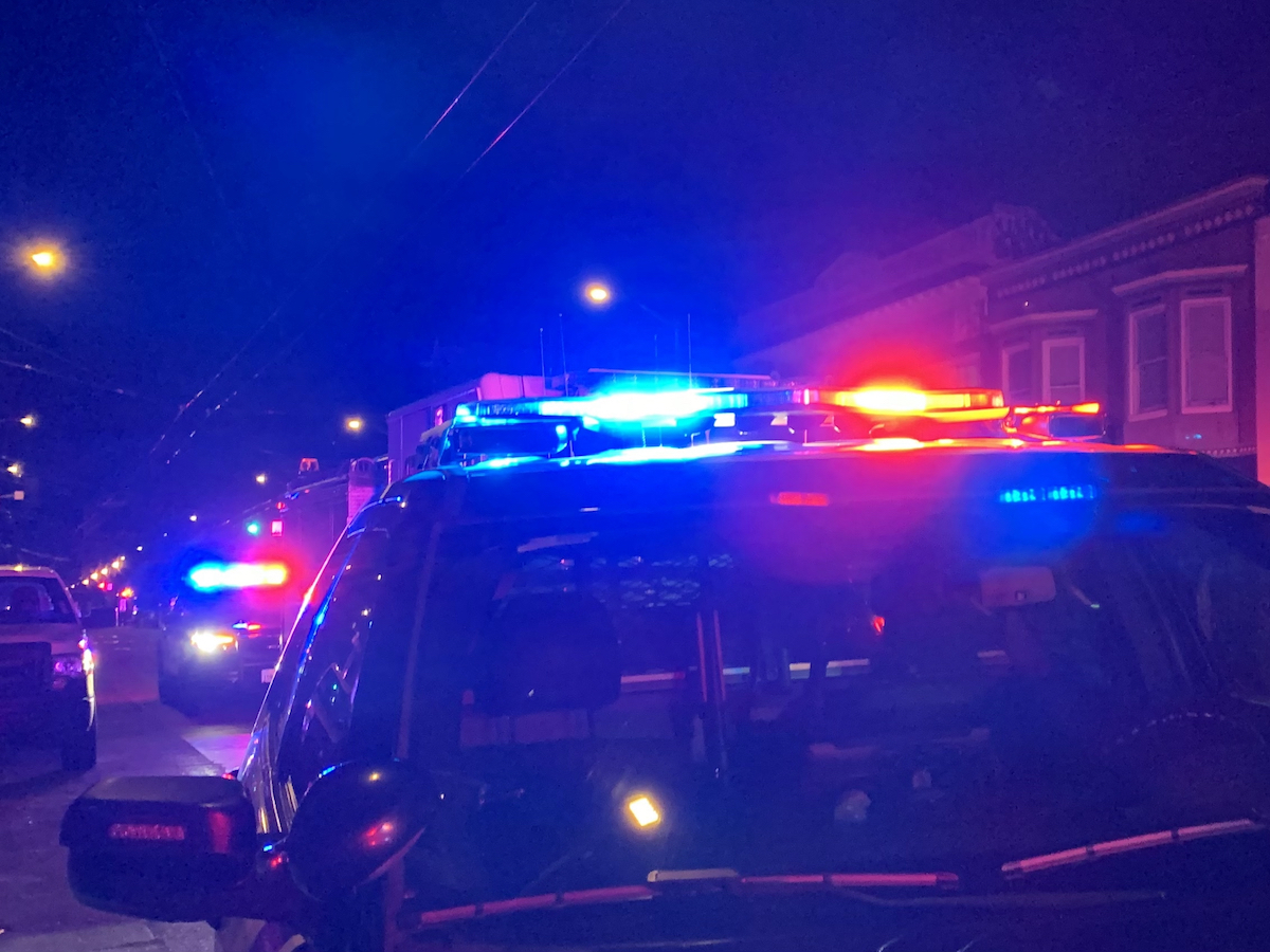 Police vehicles with flashing lights are parked on a dimly lit street at night.