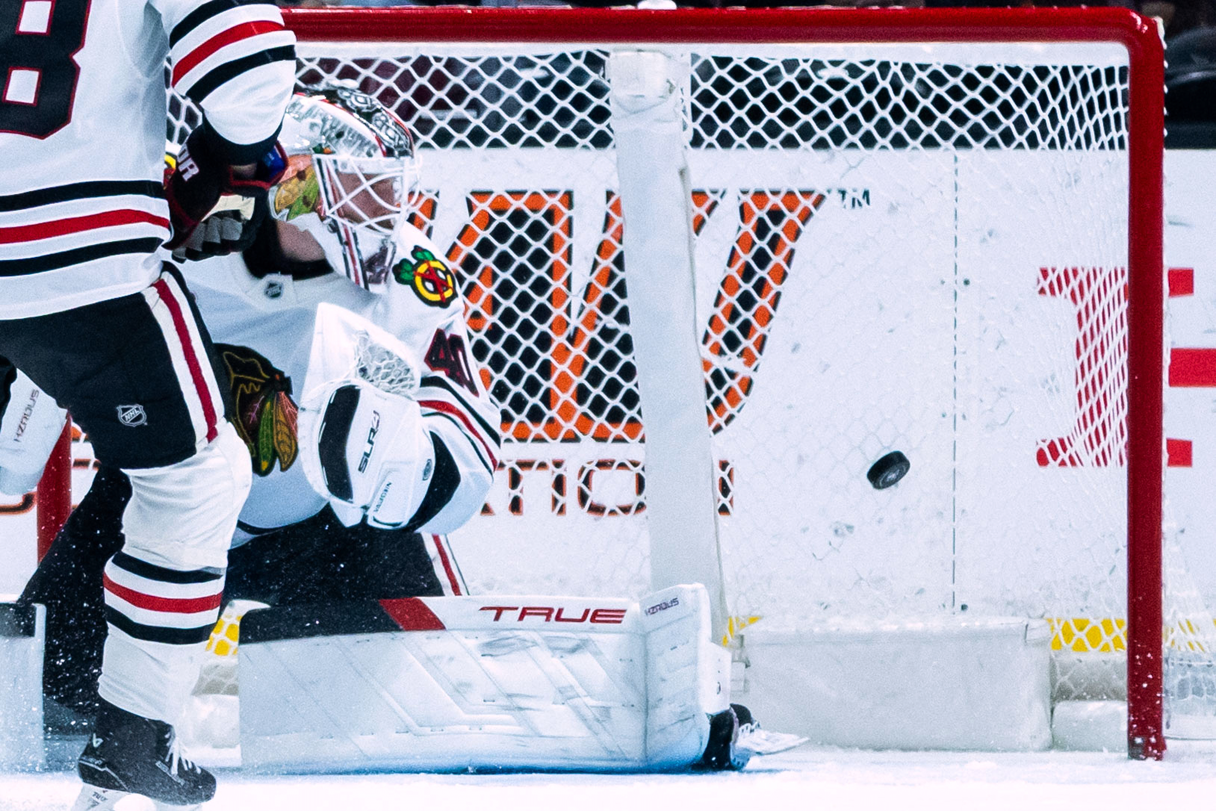 Chicago Blackhawks goaltender Arvid Soderblom (40) watches as the Ducks...