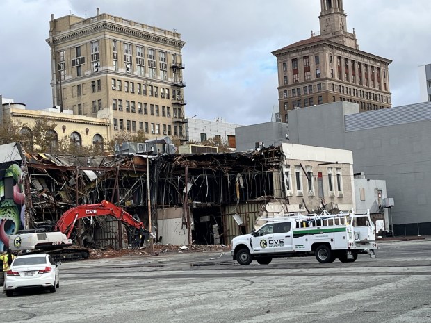Rear of a partially demolished building at 39, 45, and 49 North First Street in downtown San Jose, seen on Nov. 20, 2025. (George Avalos/Bay Area News Group)