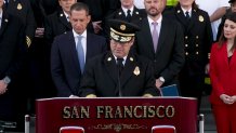 San Francisco Fire Chief Dean Crispen was flanked by the mayor, state and local lawmakers, and dozens of first responders on Thursday when detailing the city's plans to provide new, non-PFAS uniforms to frontline firefighters across San Francisco.