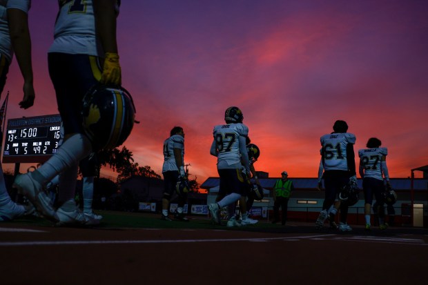 Lincoln High School walks off the field during halftime after playing against Valley Center during Division 6-AA state football championship game at Fullerton Union High School District Stadium in Fullerton, Calif., on Friday, Dec. 12, 2025. (Shae Hammond/Bay Area News Group)