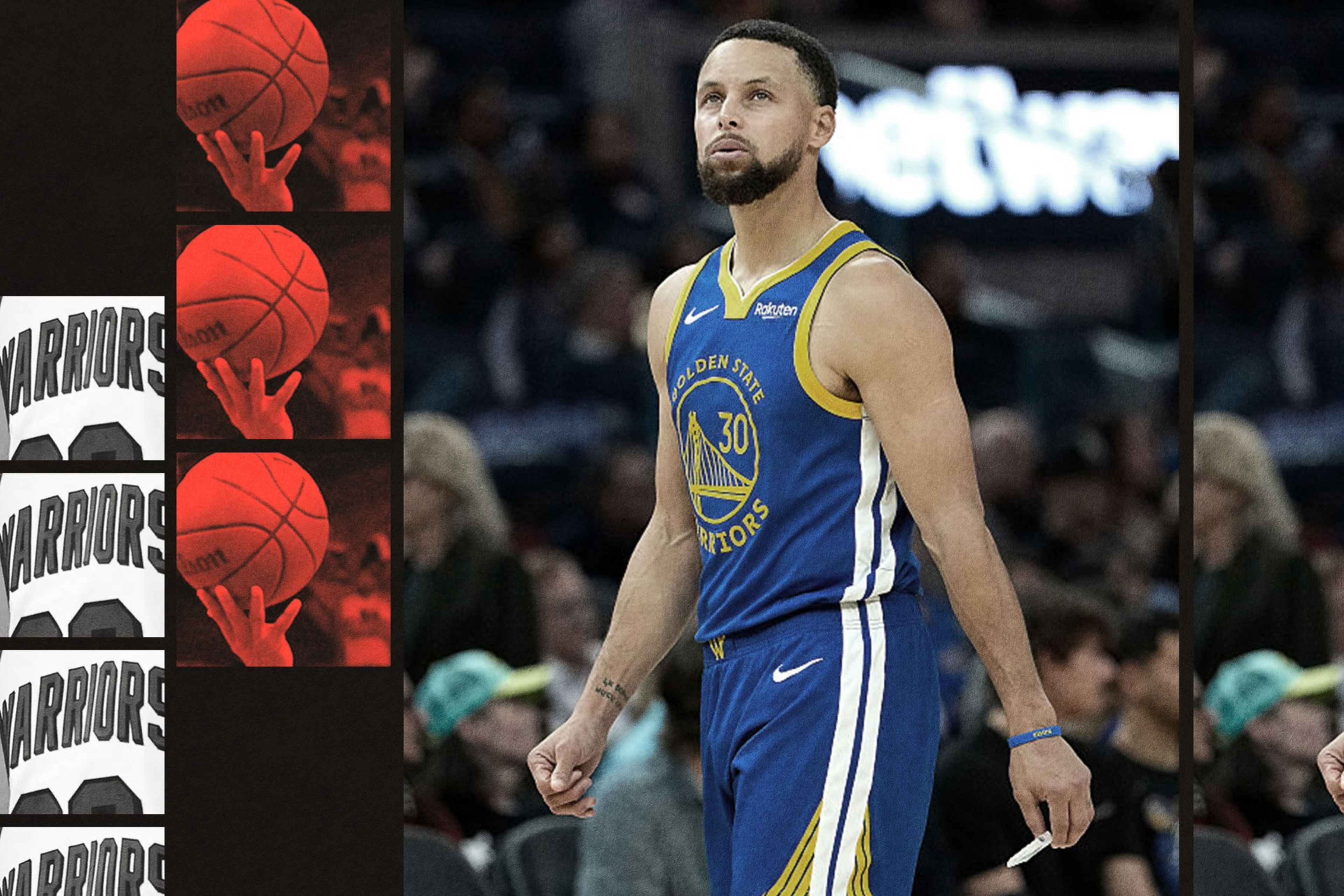 A basketball player in a Golden State Warriors uniform stands with a determined expression, while red-tinted images of a hand holding a basketball appear on the left.