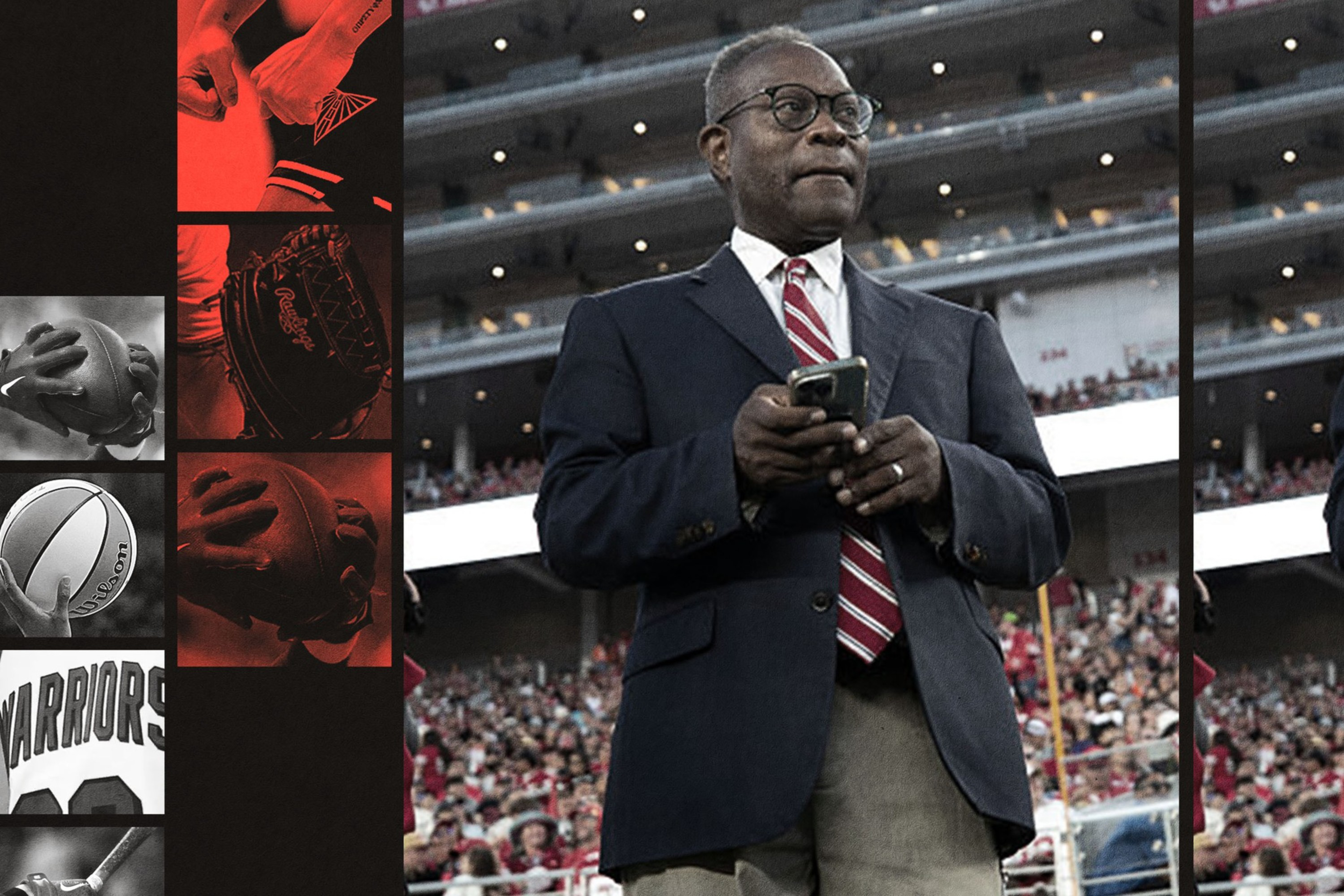 A man in a suit and striped tie stands in a stadium, holding a phone, with a large crowd and sports-themed images on the left side.