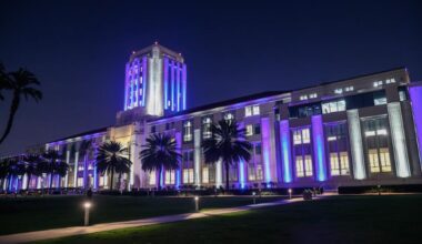 Historic county building lit in blue and white to honor Sydney victims