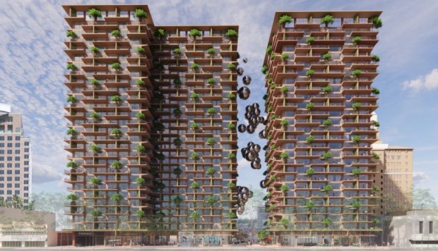 Two housing towers with a total of 768 residential units, located within the Fountain Alley area at 35 South Second Street in downtown San Jose, as seen from Second Street, image concept.(Bjarke Ingels Group)