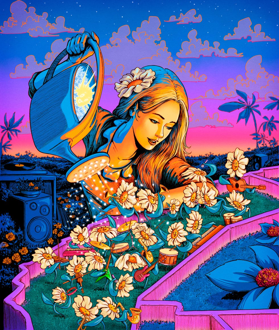 a woman in psychedelic colors waters blooming flowers in a backyard record garden as palm trees and stereo speakers glow at sunset .