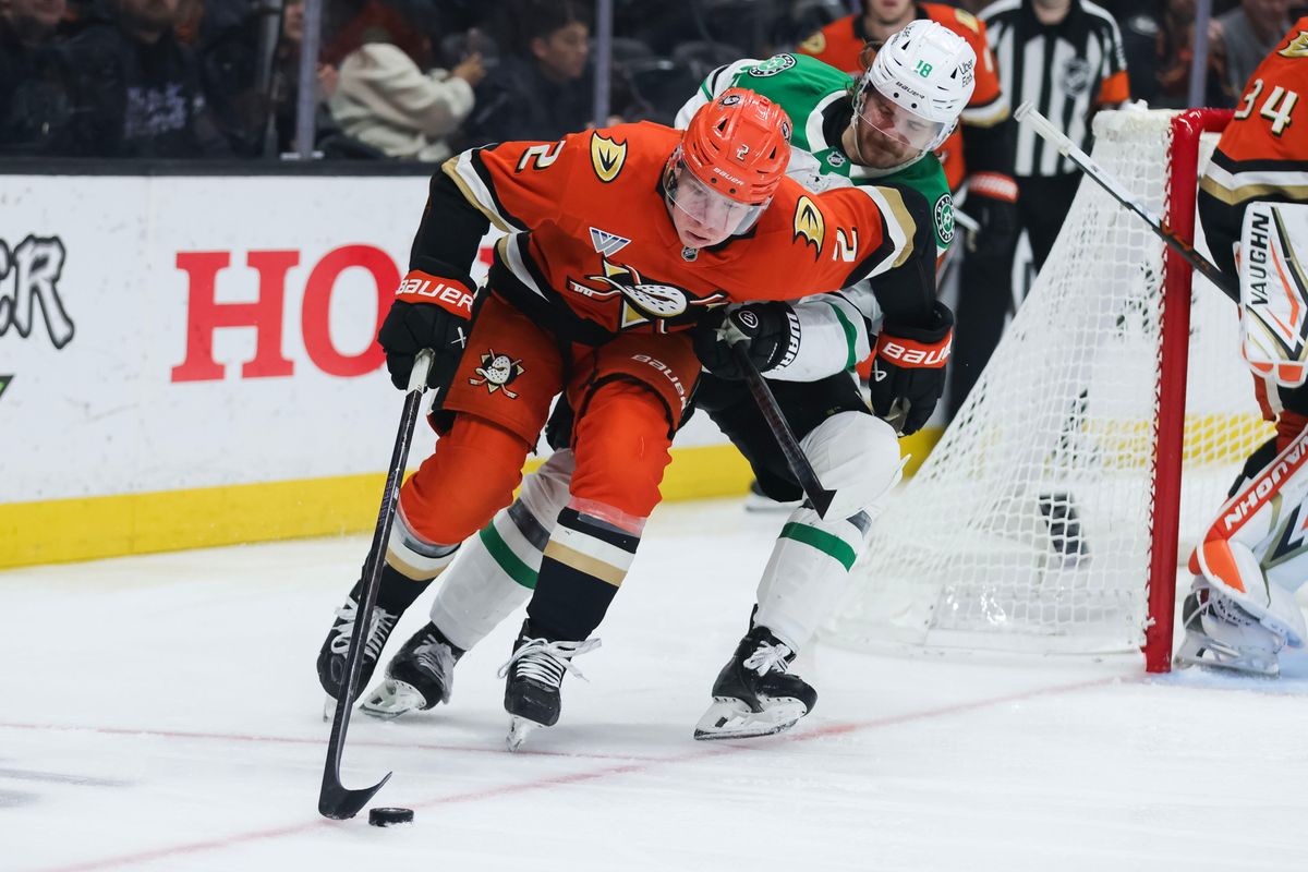 Anaheim Ducks defenseman Jackson LaCombe (2) defends the puck during the NHL game against the Dallas Stars, Friday December 19th, 2025 at Honda Center in Anaheim, Calif.