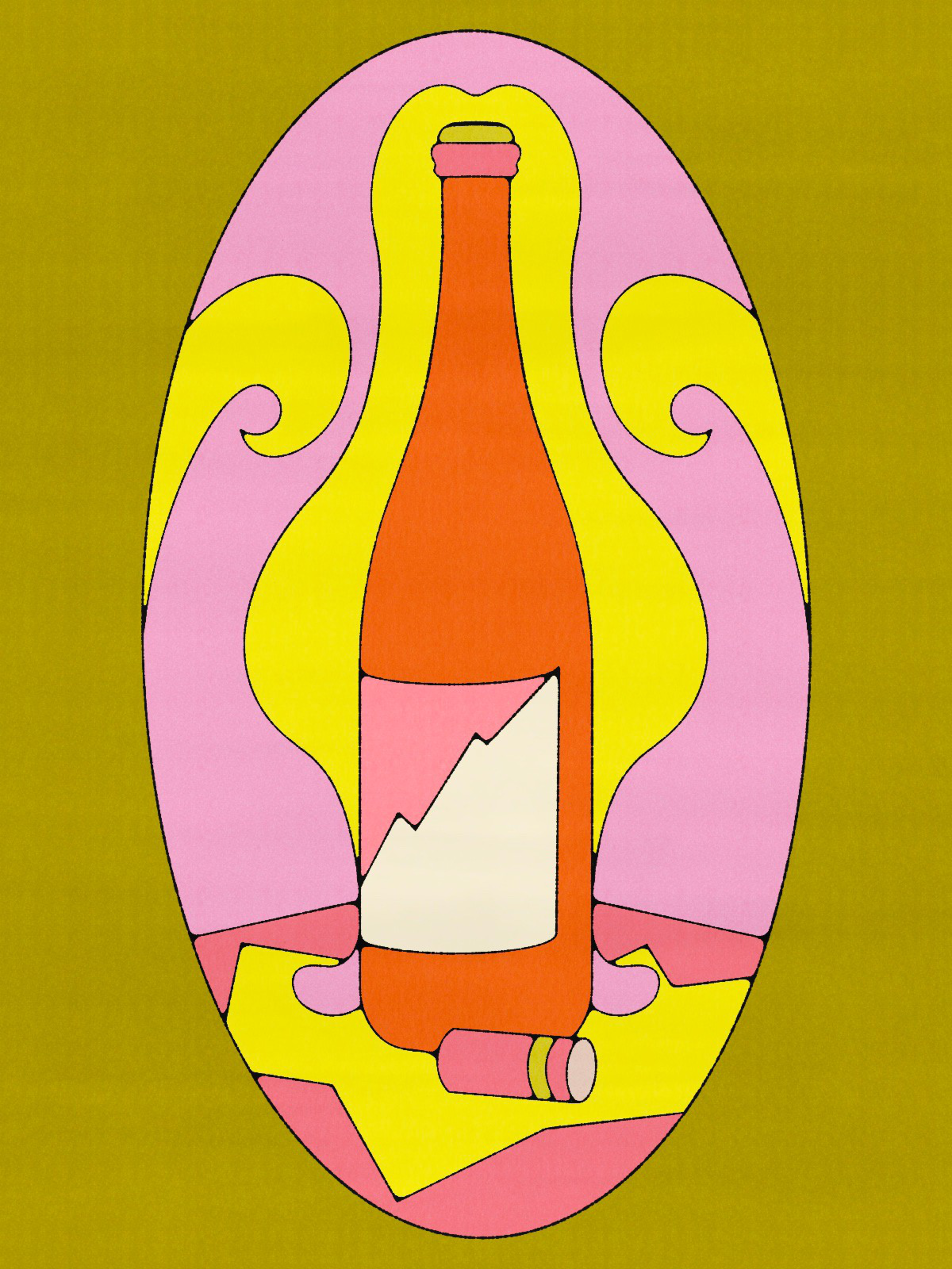 An orange bottle with a zigzag label sits on folded yellow and pink shapes, surrounded by swirling yellow and pink forms within an olive green background.