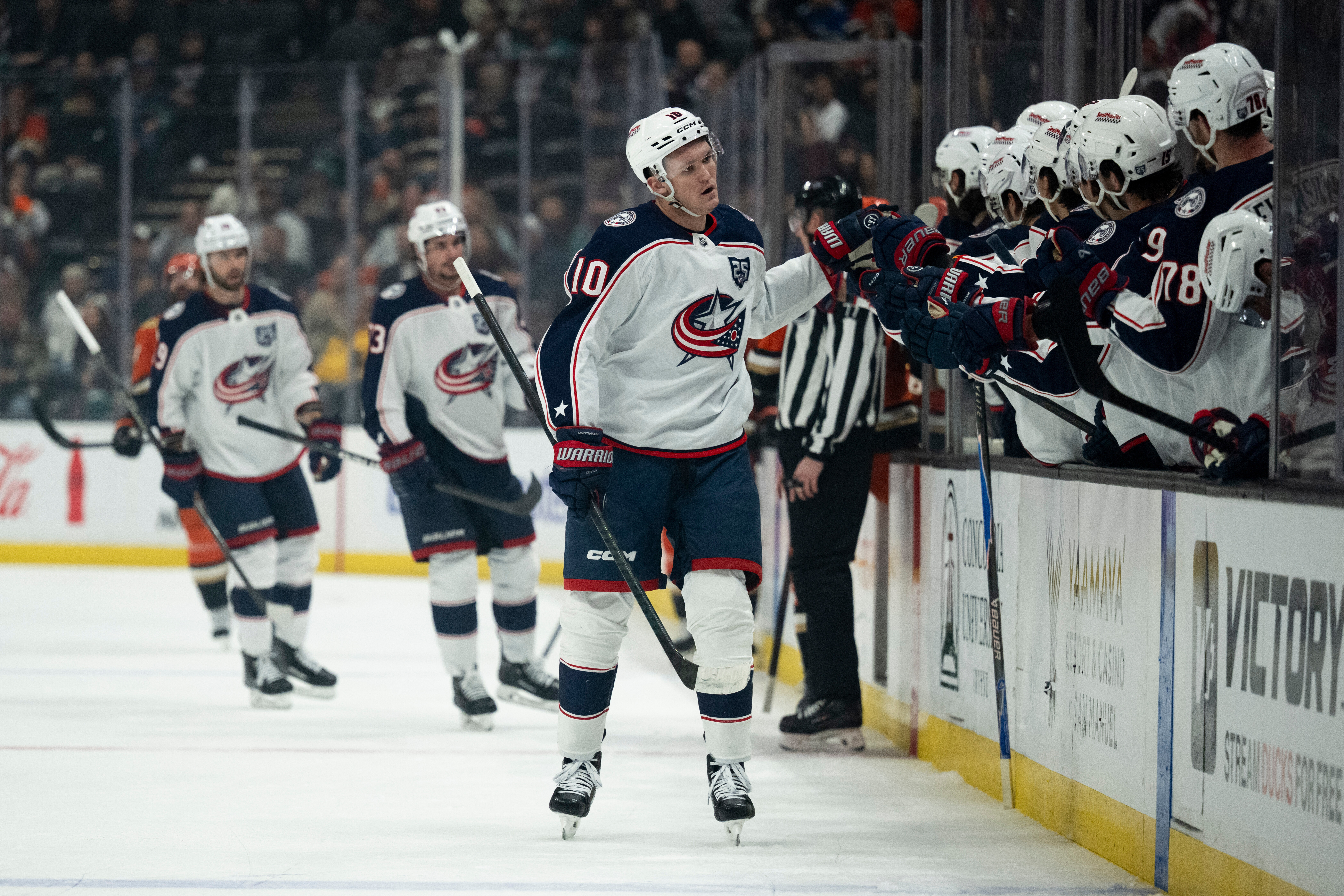 Columbus Blue Jackets left wing Dmitri Voronkov (10) celebrates his...