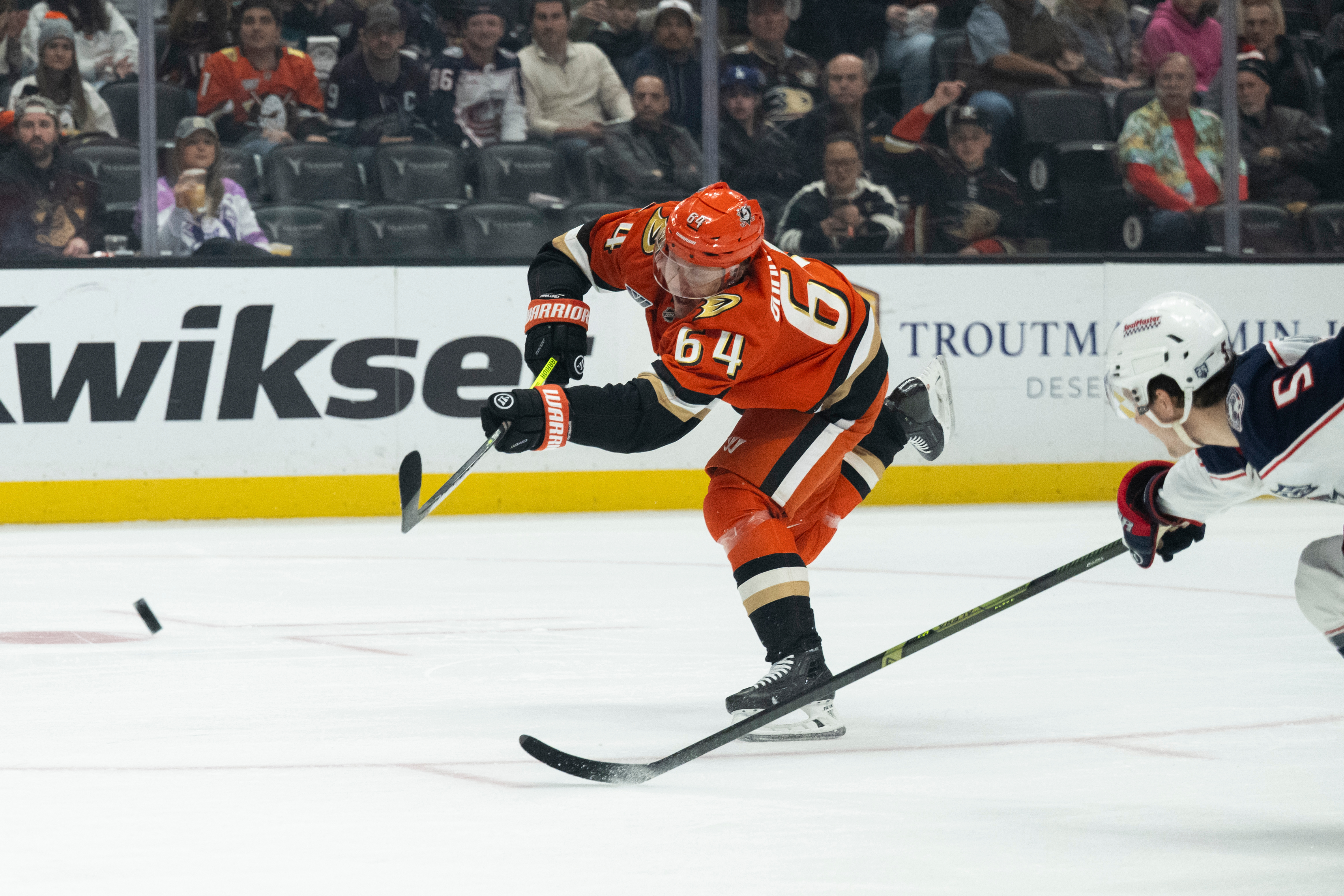Ducks center Mikael Granlund takes a shot as Columbus Blue...