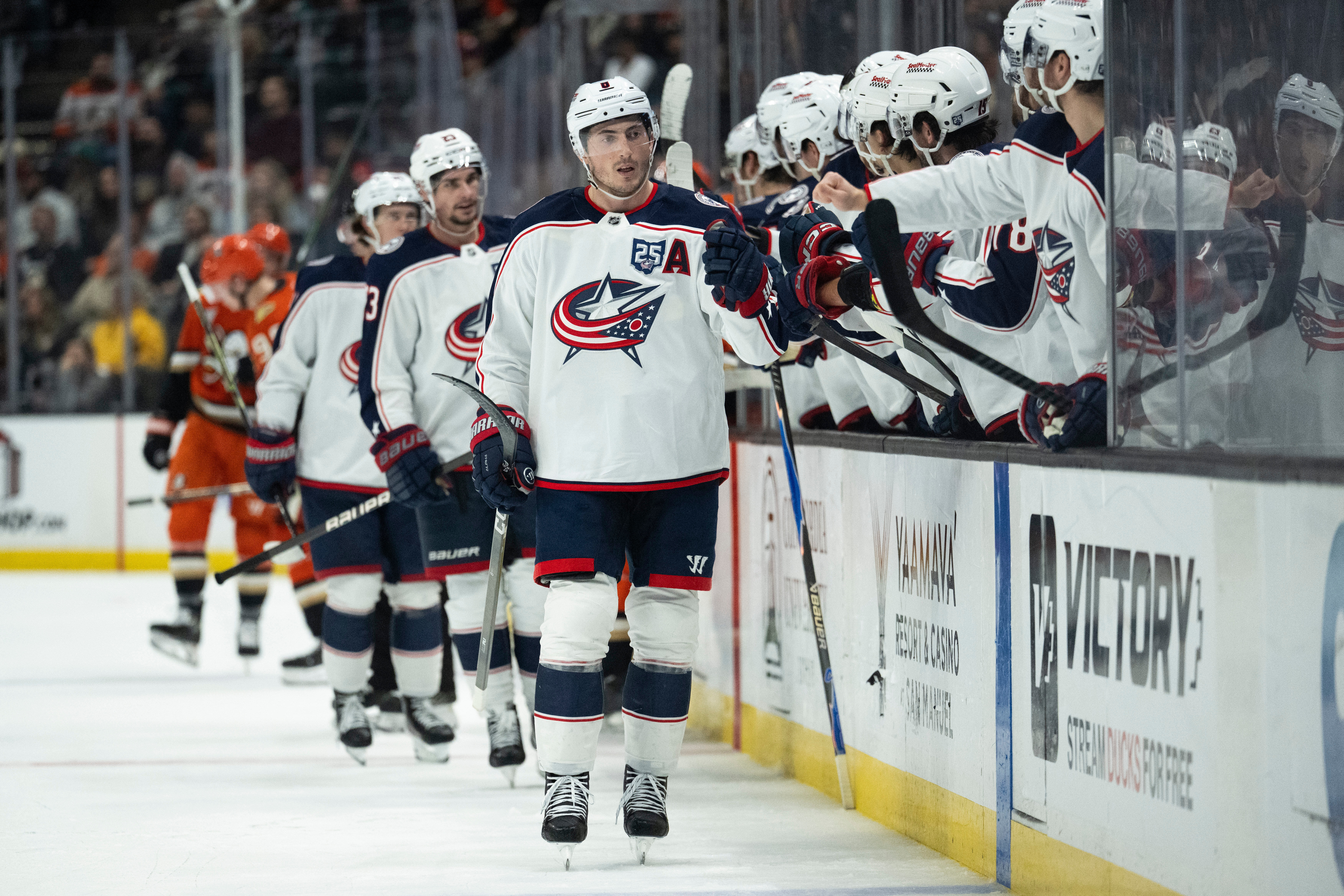 Columbus Blue Jackets defenseman Zach Werenski (8) celebrates his goal...