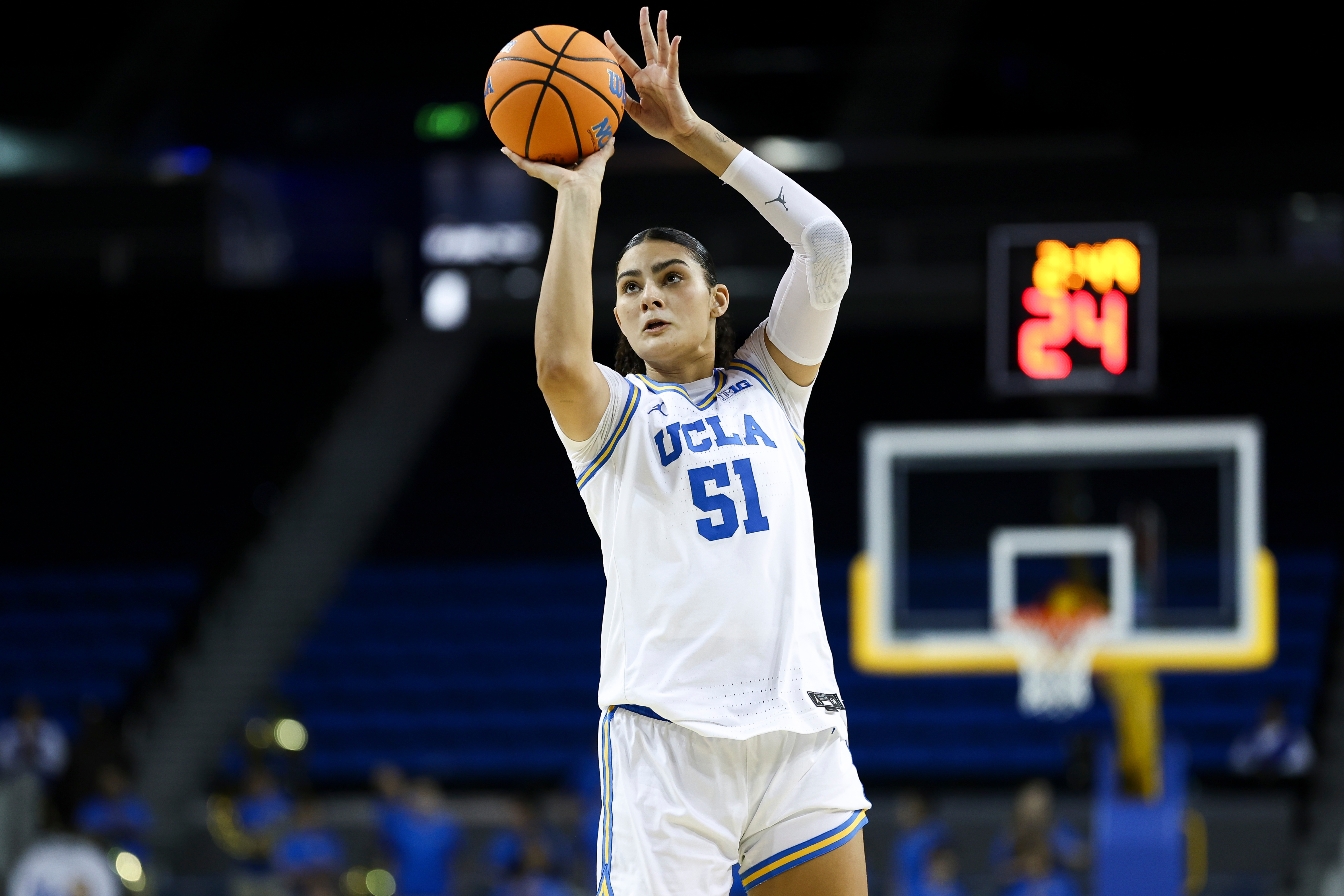 UCLA center Lauren Betts (51) shoots during the second half...