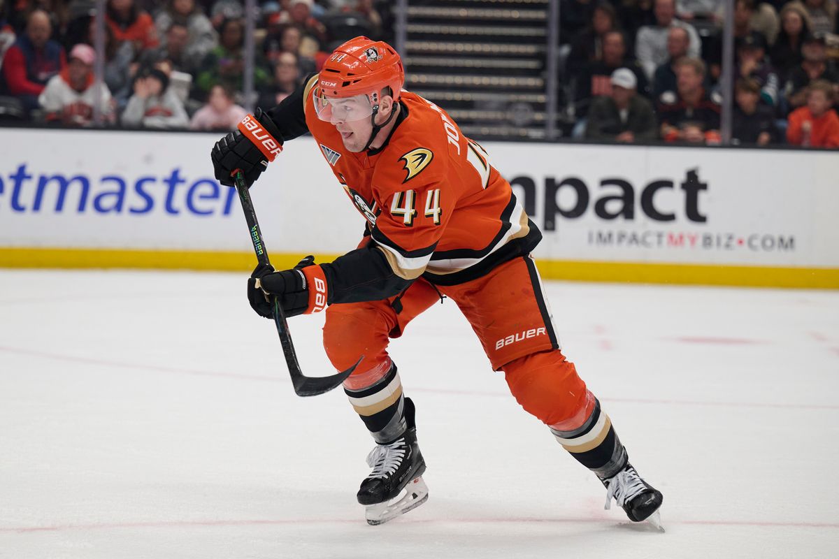 Ross Johnston #44 of the Anaheim Ducks skates toward the puck against the Blue Jackets at the Honda Center on December 20,2025 in Anaheim, California.