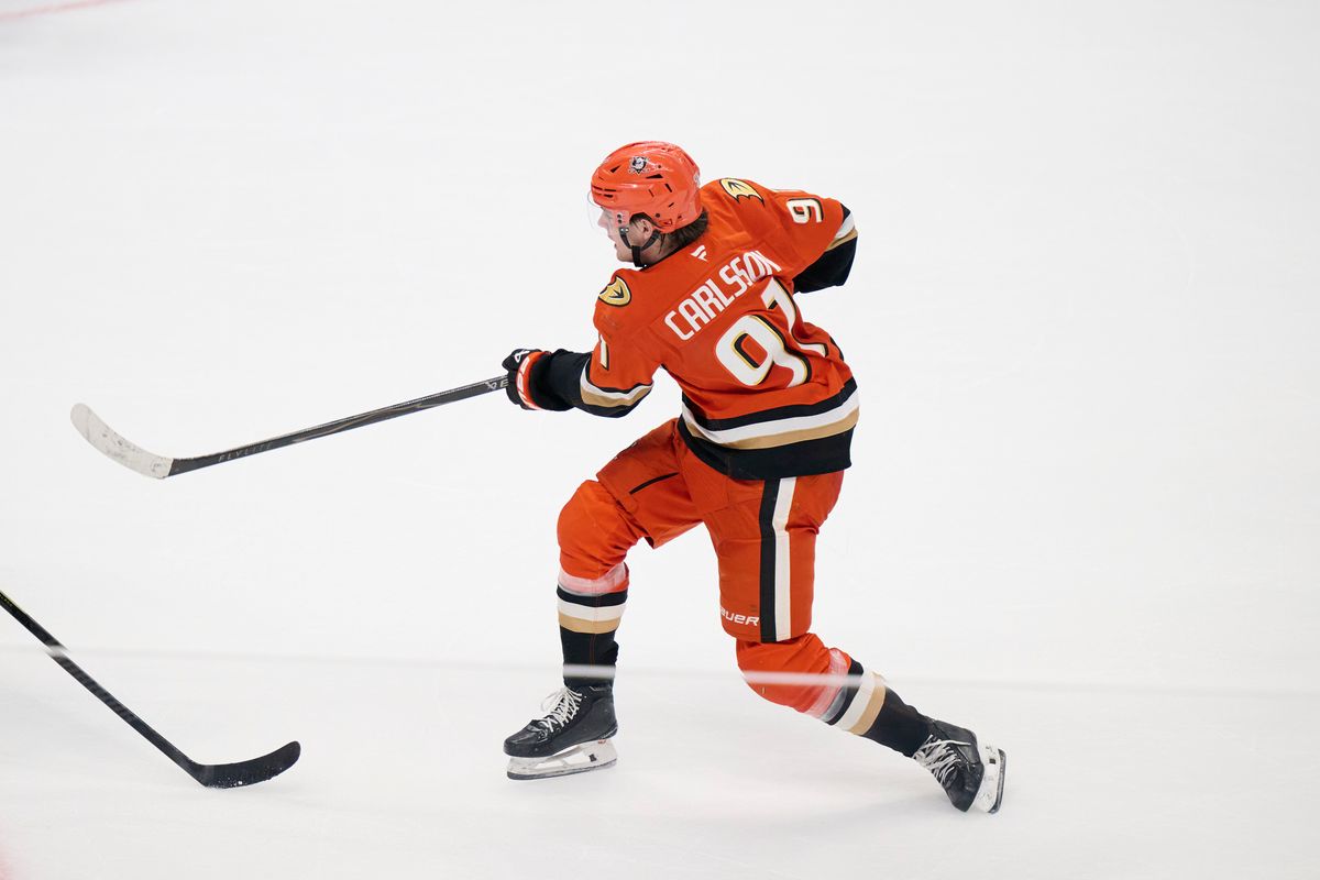 Leo Carlsson #91 of the Anaheim Ducks shoots a goal attempt against the Blue Jackets at the Honda Center on December 20,2025 in Anaheim, California.