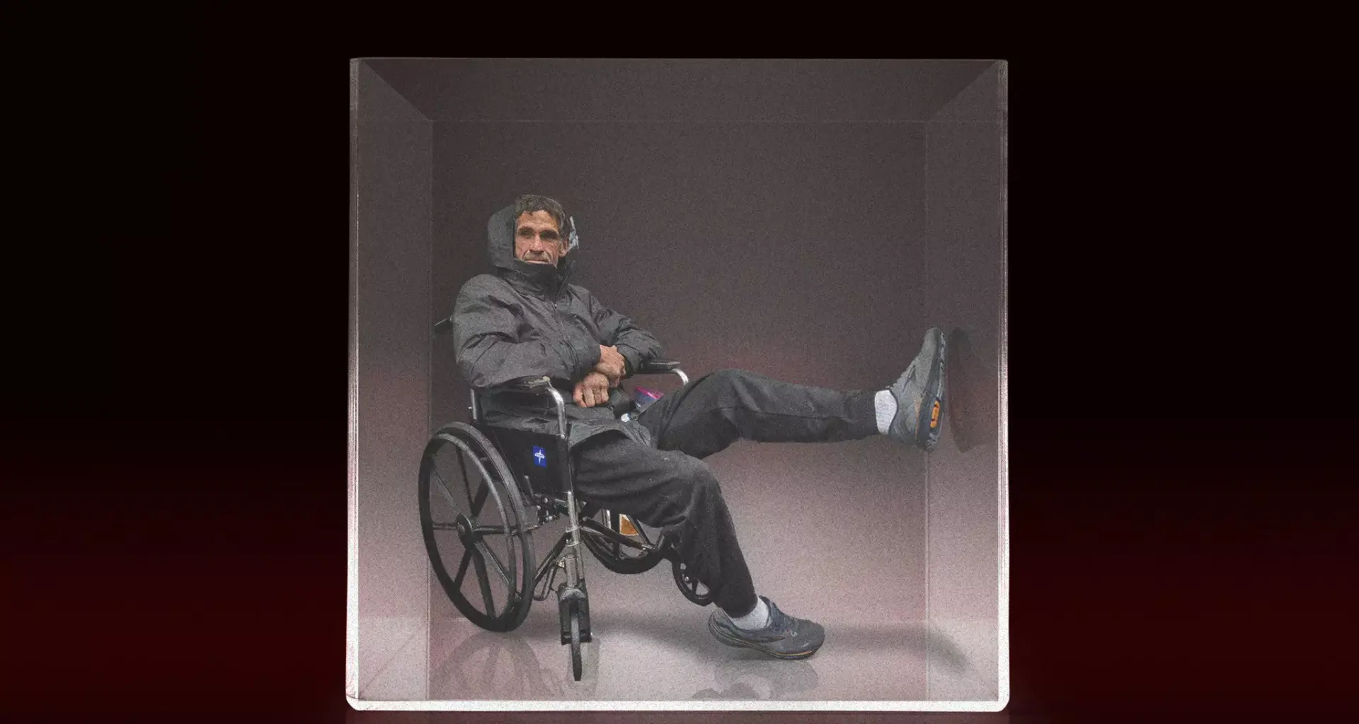 A damaged train is shown with flames and a bandage, alongside six distressed people, under the sign "train cancelled."