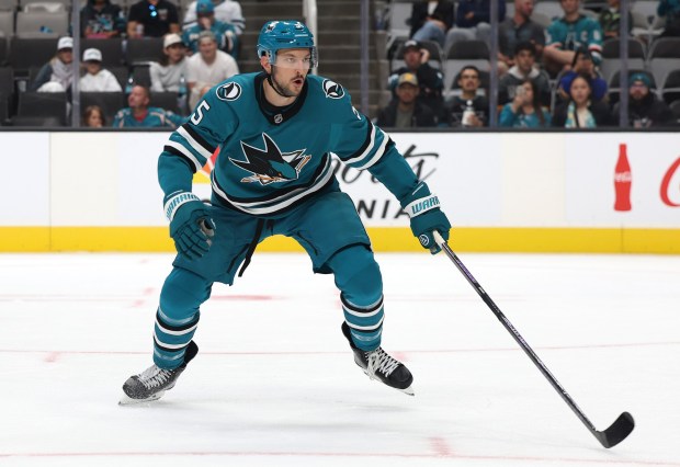 San Jose Sharks defenseman Vincent Desharnais (5) skates against the Vegas Golden Knights during their game on Sunday, Sept. 21, 2025, in San Jose, Calif. (Aric Crabb/Bay Area News Group)