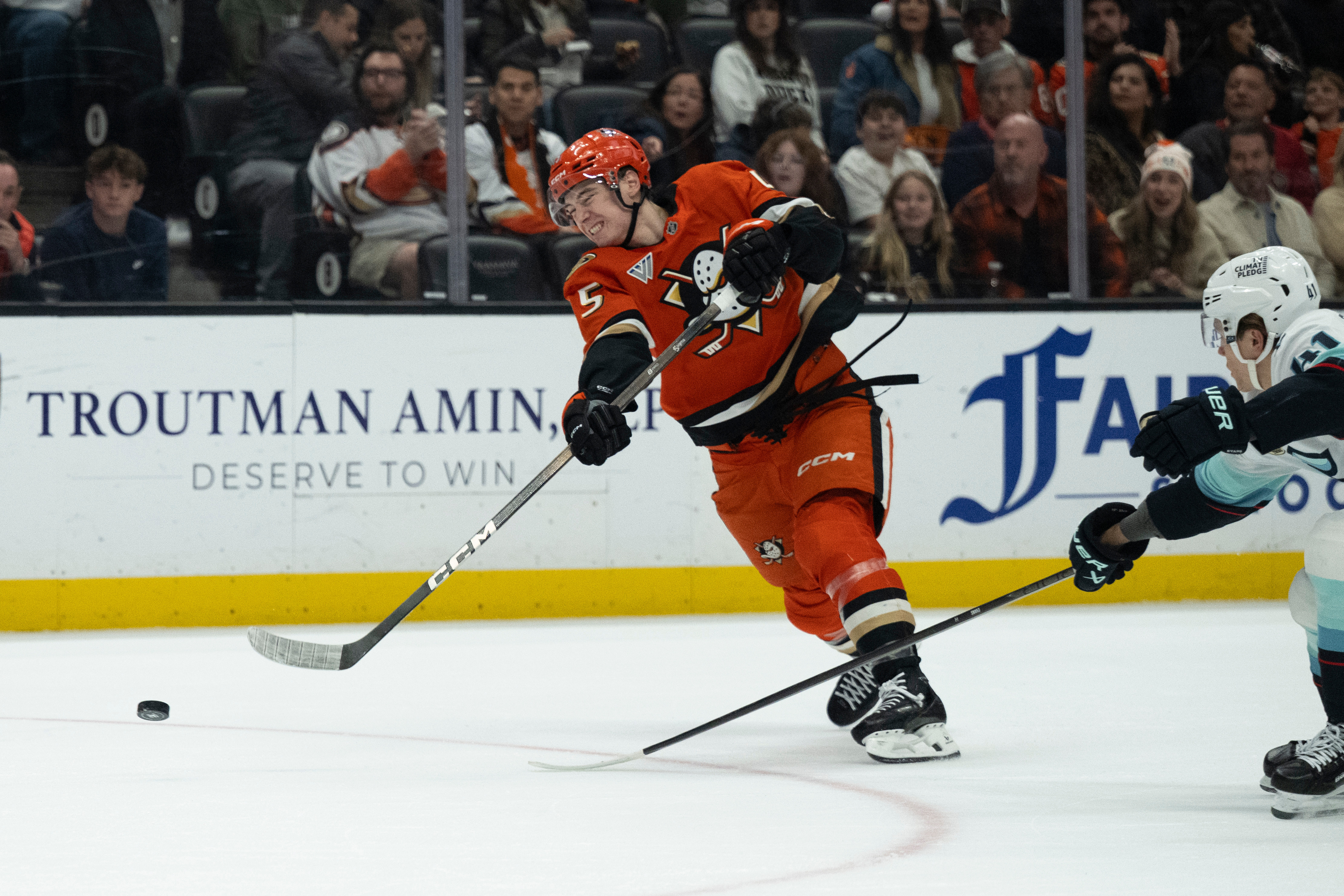 Ducks right wing Beckett Sennecke shoots the puck as Seattle...