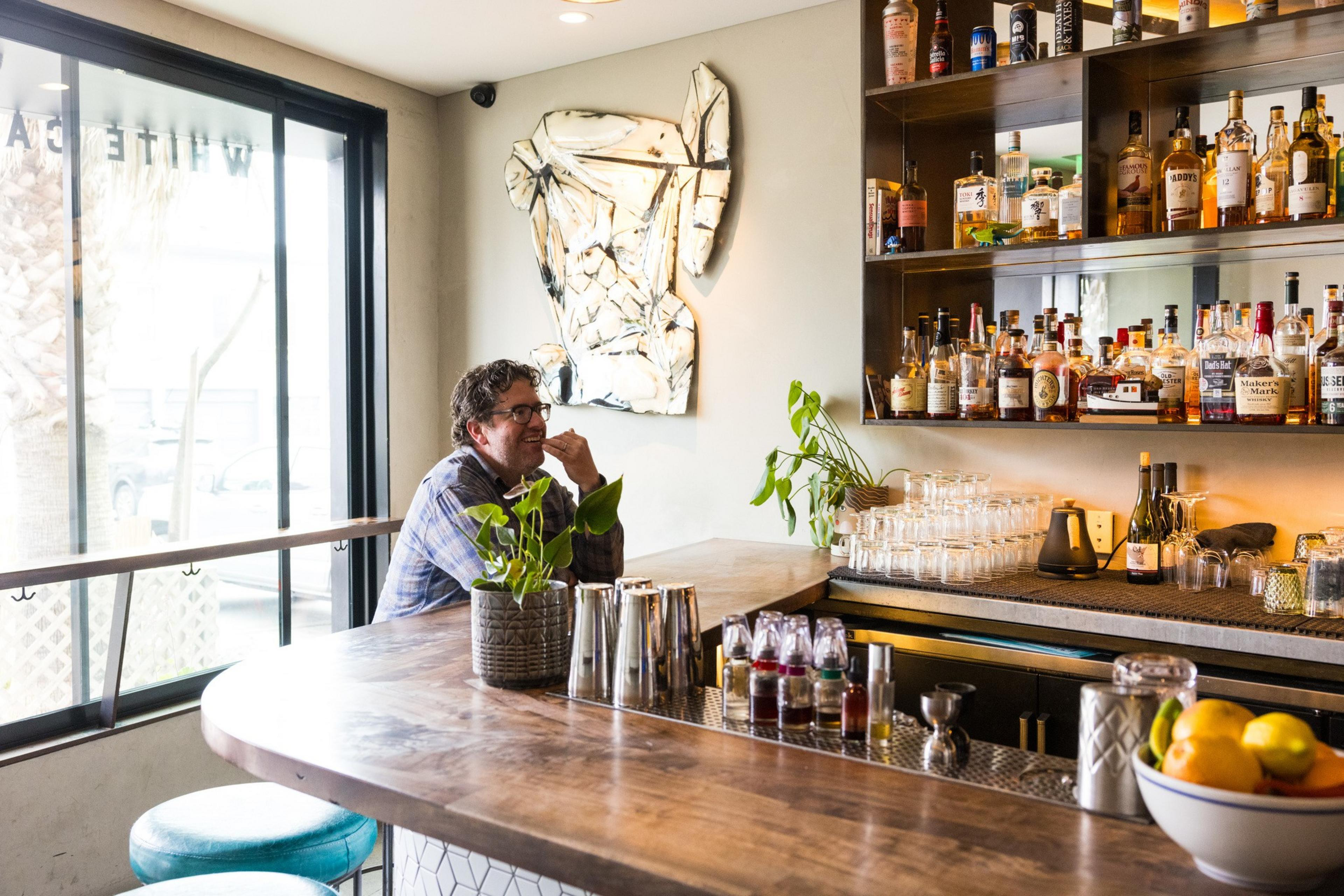 A man sits at a wooden bar with shelves of liquor bottles behind him. There are plants, glassware, and a bowl of fruit on the counter, with bright daylight outside.