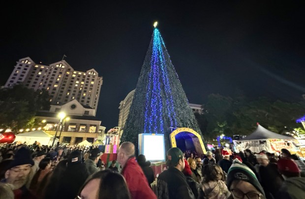 Christmas in the Park, a San Jose tradition since 1980, opened in downtown's Plaza de Cesar Chavez on Friday, Nov. 29, 2024. San Jose Mayor Matt Mahan, San Jose State mascot Sammy Spartan and Santa Claus helped flip the switch on the display's giant holiday tree. (Sal Pizarro/Bay Area News Group)