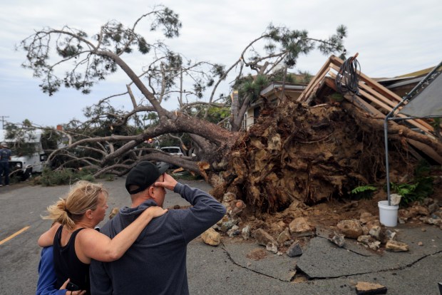 ENCINITAS, CA - December 24, 2025: Jayson Carpenter, right, his wife Shane, and next door neighbor Kristen McBride, center, embrace after strong winds hitting San Diego County knocked over a large Torrey pine tree in front of the home they rent on Oxford Avenue in Cardiff-by-the-Sea on Wednesday, December 24, 2025. Jayson Carpenter said he was on the front deck when he heard his wife scream from the driveway followed by loud cracking. He was able to scramble off the deck just before it was completely up ended by the tree's roots. No one was injured. (Hayne Palmour IV / For The San Diego Union-Tribune)
