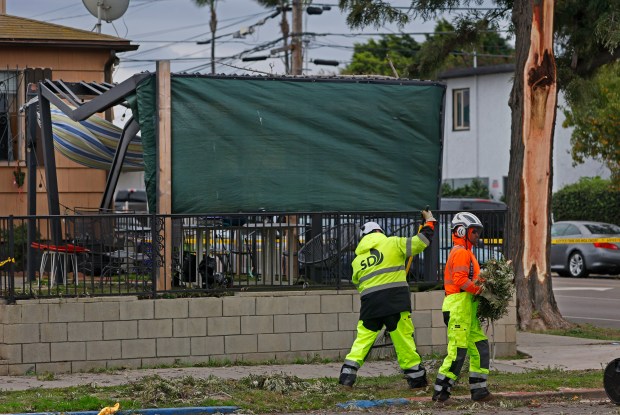 San Diego, CA - December 24: Crews clear debris after branches from tree at the corner of Marlborough Avenue and Wightman Street in City Heights fell and killed a man during high winds on December 24, 2025 in San Diego, CA. One branch fell on a patio, left, and another split from the tree at right striking the victim. (K.C. Alfred / The San Diego Union-Tribune)