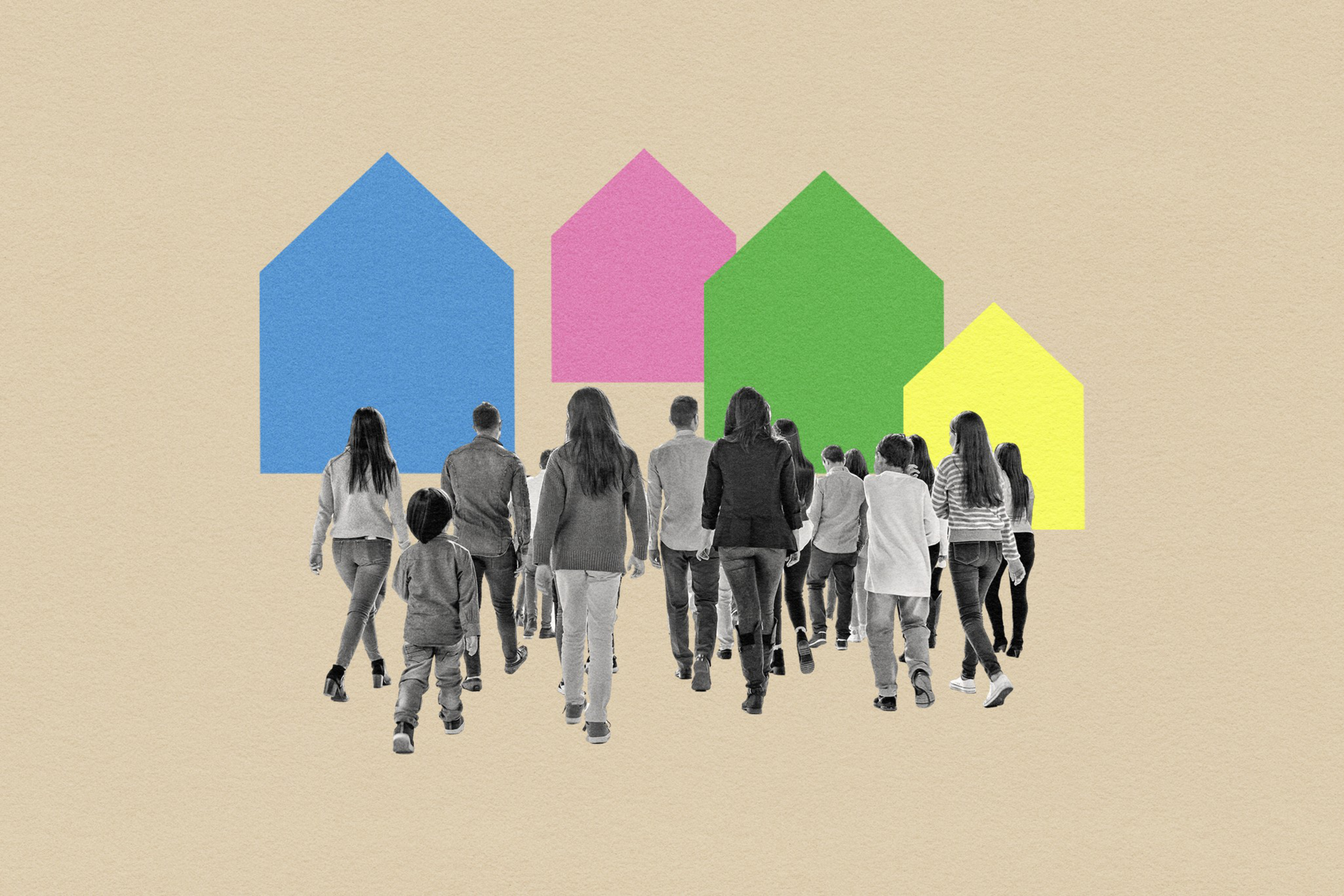 A photo illustration of a family walking home