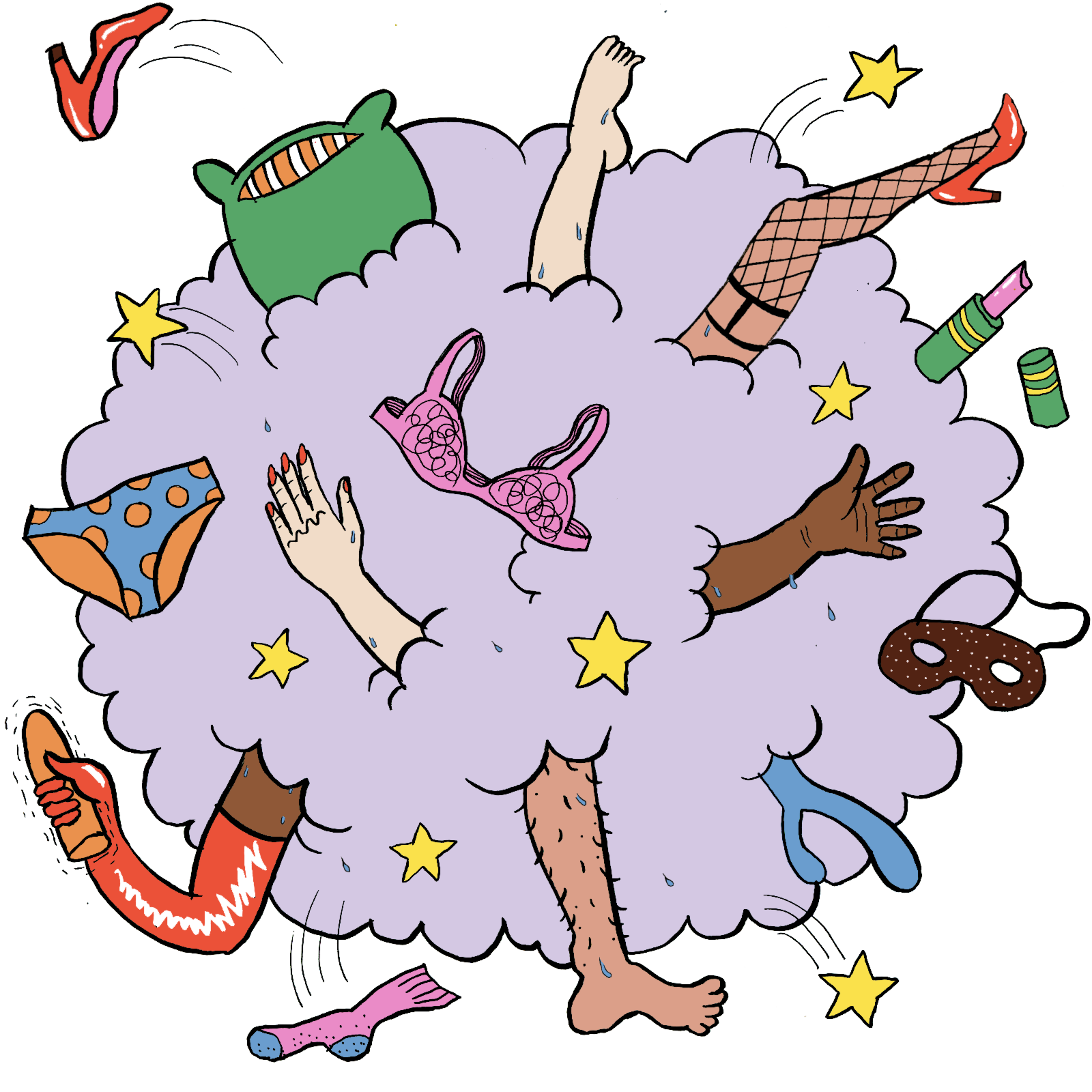 A purple cloud with disembodied arms and legs, various underwear, high heels, a green pillow, lipstick, and a sleep mask floating around it.