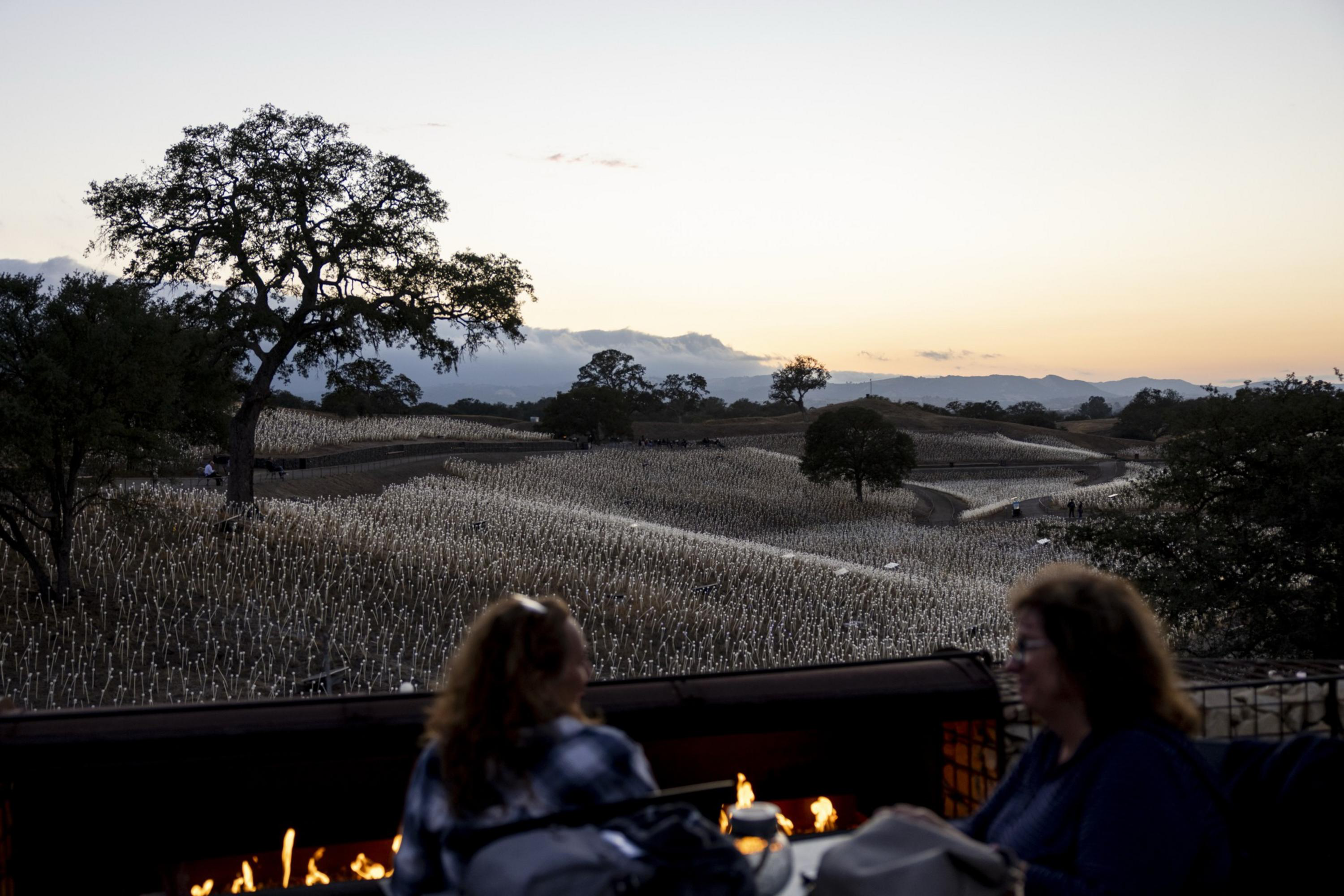 Two people sit by a fire pit at dusk, overlooking rolling fields with tall grasses, scattered trees, and a winding path under a clear sky.
