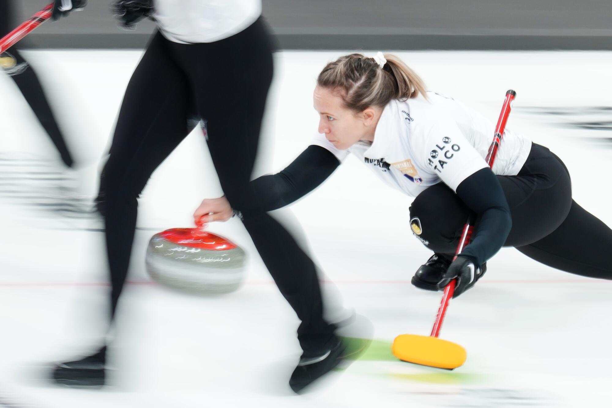 Rachel Homan throws a rock during Canadian Olympic curling trials in Halifax, Nova Scotia, Canada, on Nov. 25.