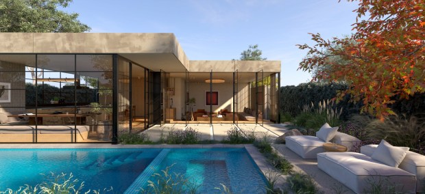 Case Study 2.0 design studio Gio Mondo, based in Los Angeles, has created a modern home where "architecture is secondary." The straightforward interior layout features a living room and traditional built-in dining area next to the kitchen, encouraging inhabitants to retreat outdoors. Floor-to-ceiling glass walls seamlessly connect the living room to the backyard living spaces. The proposal includes an optional pool and offers flexibility in finishes to fit various budgets. (Rendering by Gio Mondo, courtesy of Case Study 2.0)