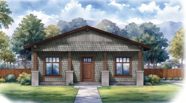 This rendering of "The Lewis" was recently selected from the Foothill Catalog Foundation by longtime Altadena residents Kenneth and Carol Wood for Habitat for Humanity to build. The house spans 1,160 square feet and features three bedrooms and two bathrooms. Its design reflects the Craftsman era, showcasing a wide front porch, porch columns on piers and multi-pane over single-pane windows. Inside, the front bedroom can also serve as an office. The kitchen opens to the dining and living areas, and the design includes a detached garage. (Courtesy of The Foothill Catalog Foundation and the SGV Habitat For Humanity)