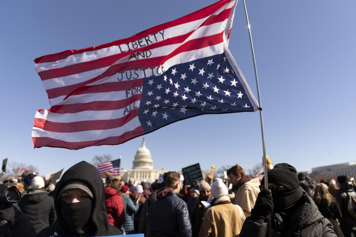 A crowd of demonstrators on the Capitol Mall flying an upside down American flag