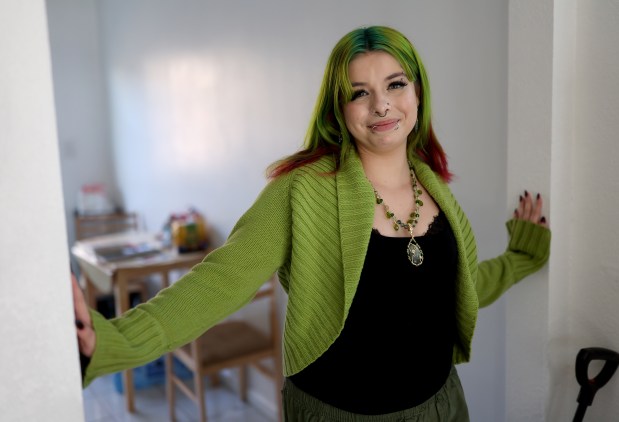 Los Medanos College student Stevie Steele, 22, at her their apartment in Antioch, Calif., on Thursday, Oct. 30, 2025. Steele was provided assistance by Oakland-based First Place for Youth, a nonprofit which helps transition-age foster youth. (Jane Tyska/Bay Area News Group)