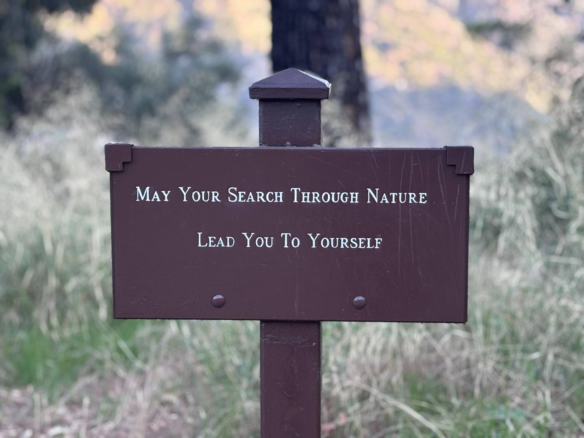 A brown sign that reads "May your search through nature lead you to yourself."